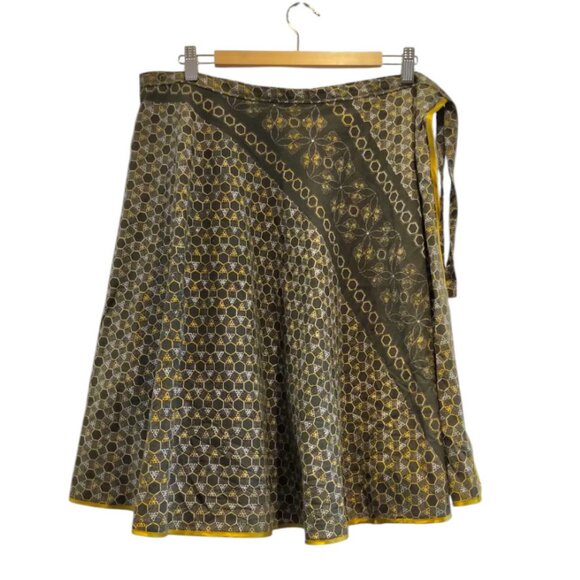 2/80🥬Vintage Cotton Geometric Print Short Wrap Skirt Olive Green ONE OF A KIND - Picture 3 of 16